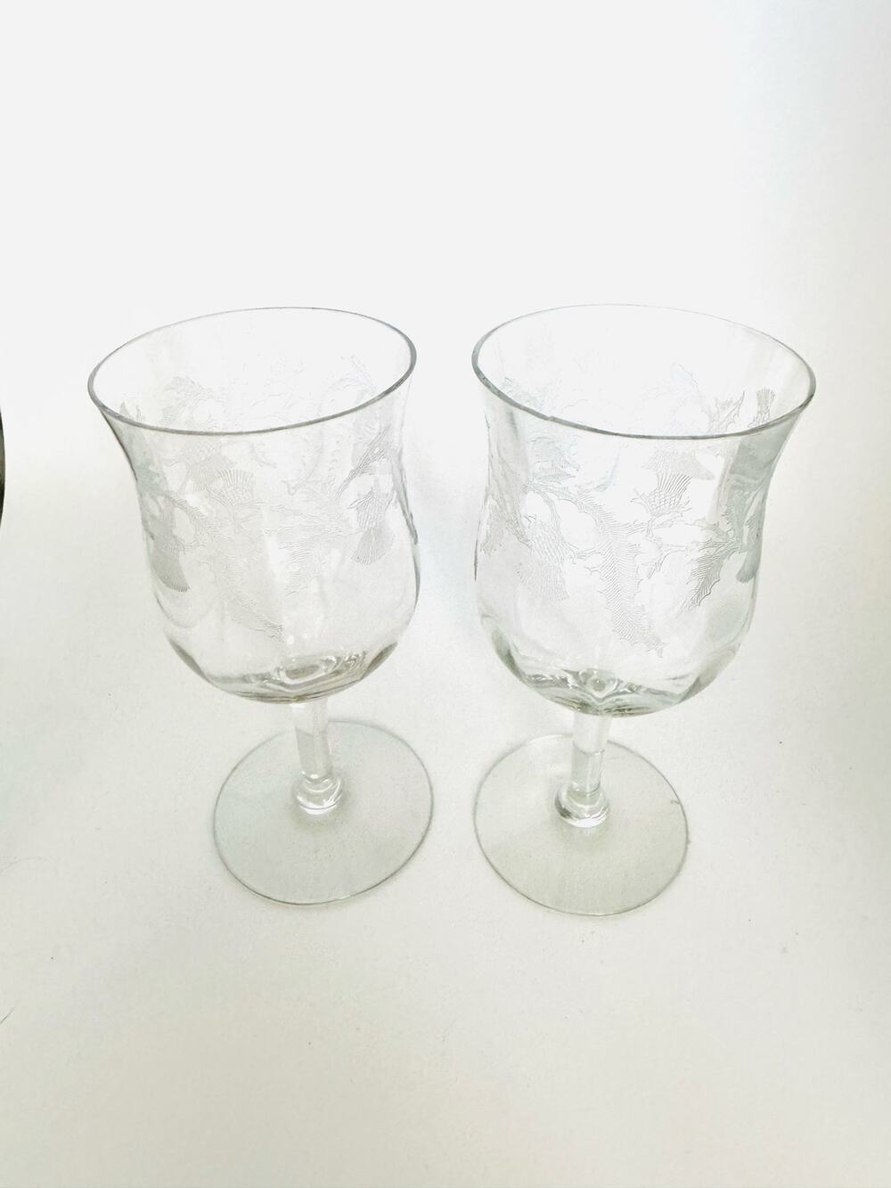 Thistle Etched Crystal Stemmed Wine Glasses Set of 2